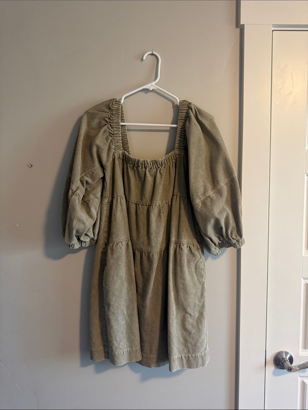 Olive Green Puff-Sleeve Mini Dress